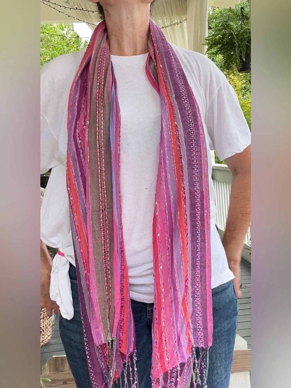 Boho Woven Fringe Scarf | Purple, Pink Artisan Wrap| Soft Lightweight